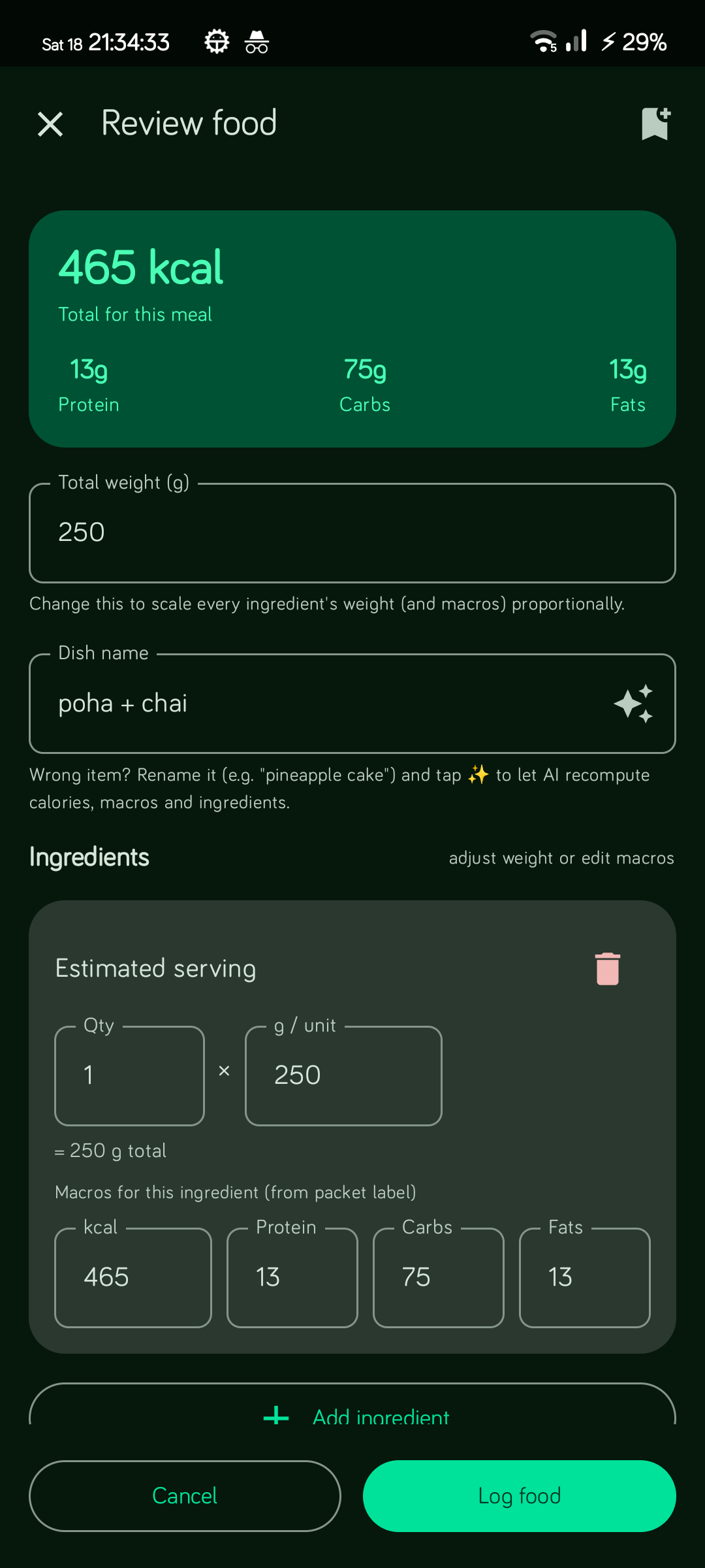 Meal review with ingredients