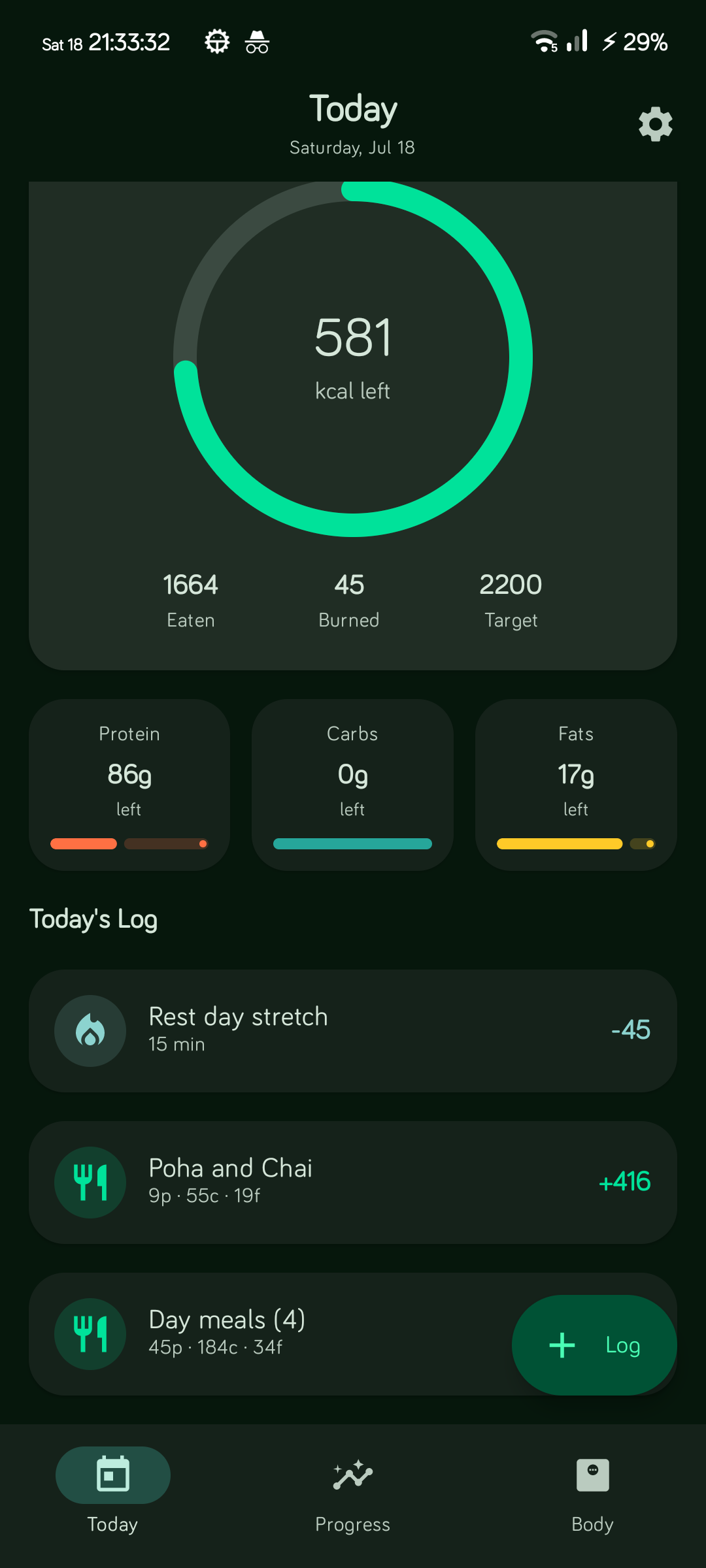 Today dashboard with calorie ring