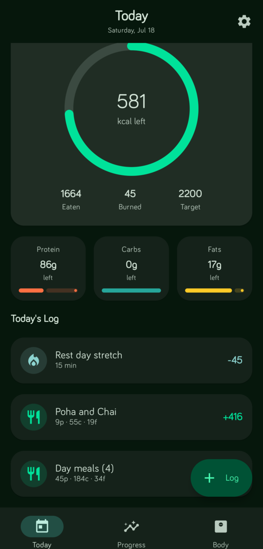 FitBuddy Dashboard with calorie ring and meal log