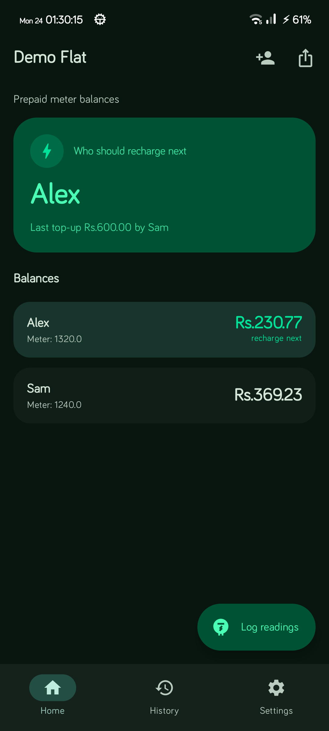 SplitBill home screen showing prepaid balances and who should recharge next