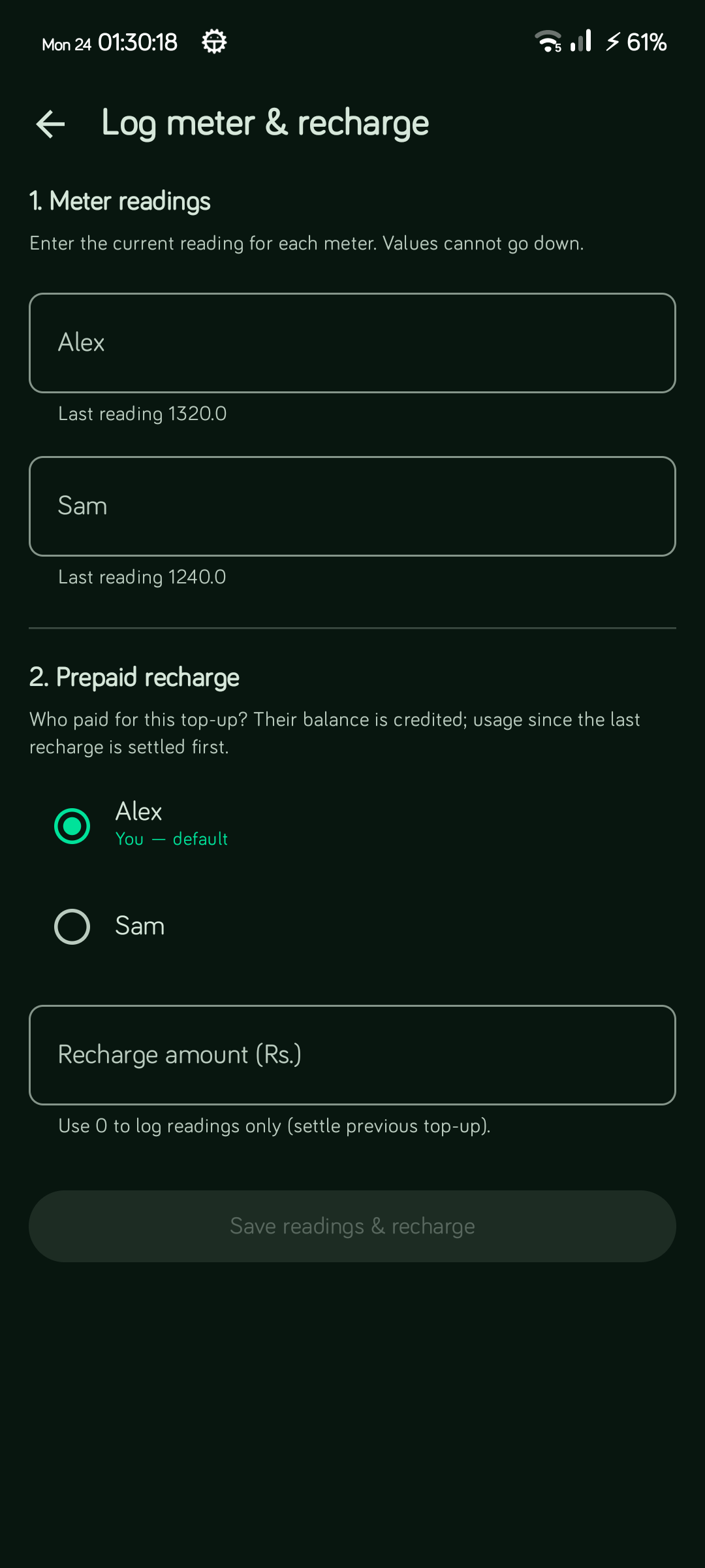 Log meter reading and recharge form